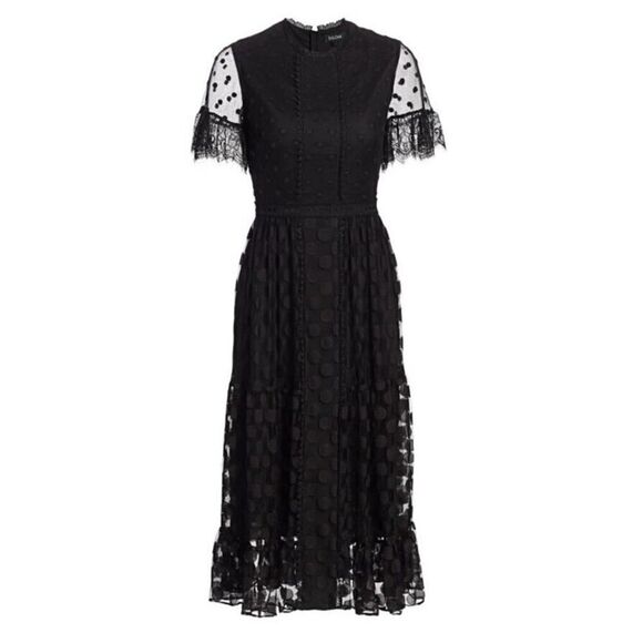 Saloni Lace-Trimmed Polka Dot Tulle Midi Dress Black sz 6 US - Picture 5 of 16